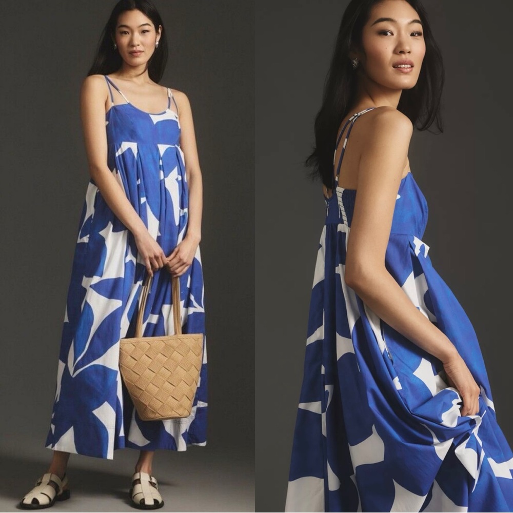 By Anthropologie 100% Cotton Blue White Floral Maxi Summer Dress Pockets XS - Picture 1 of 16